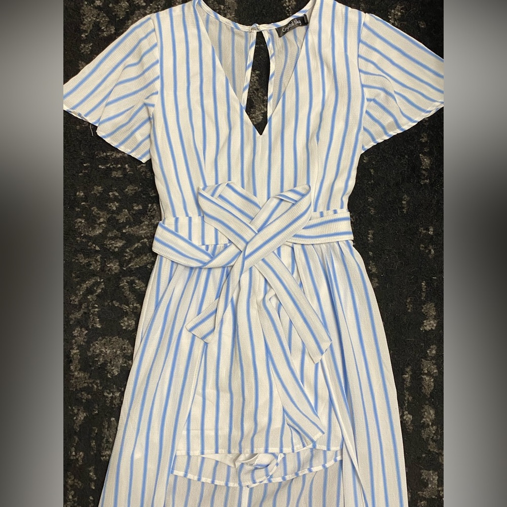 White and blue striped high low romper